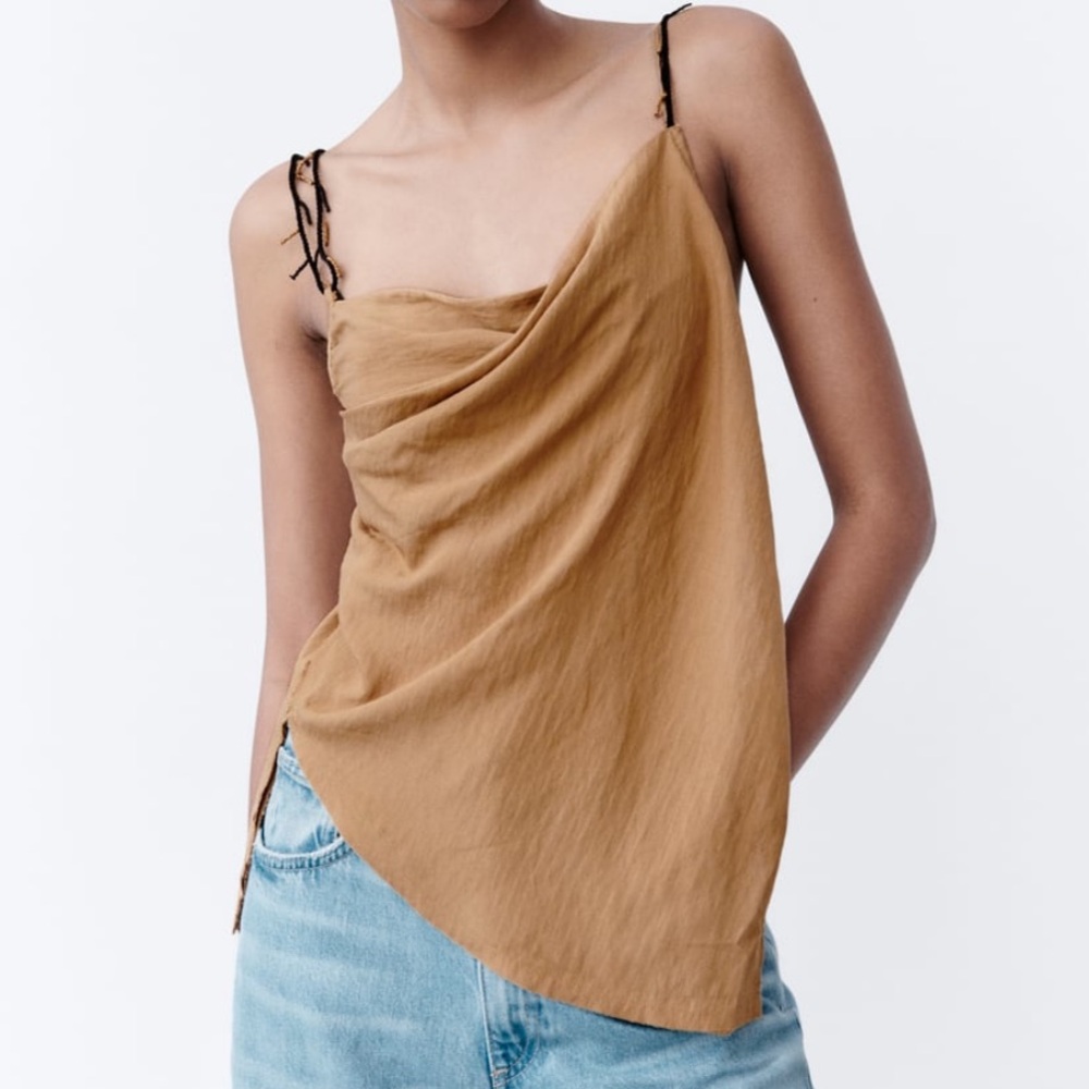 ZARA tan beaded boho surplice neckline wrap style top size small
